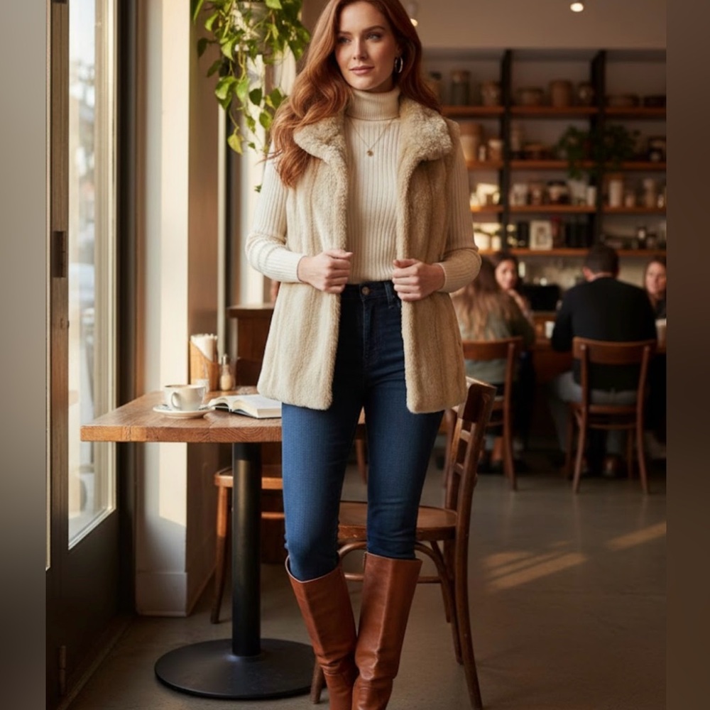 Kristenblake Women's Beige Faux Fur Vest